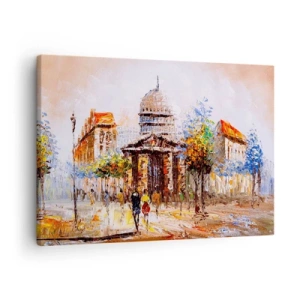 Lærredstryk - Billede på lærred - Impressionistisk byscene med en historisk bygning - 70x50cm - En parisisk spadseretur - Moderne vægdekoration til stue og soveværelse ARTTOR