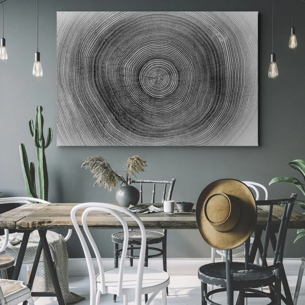Lærredstryk - Billede på lærred - Sort-hvidt træringmønster, der viser et tværsnit af stammen - 70x50cm - Et tegn på tiden - Moderne vægdekoration til stue og soveværelse ARTTOR