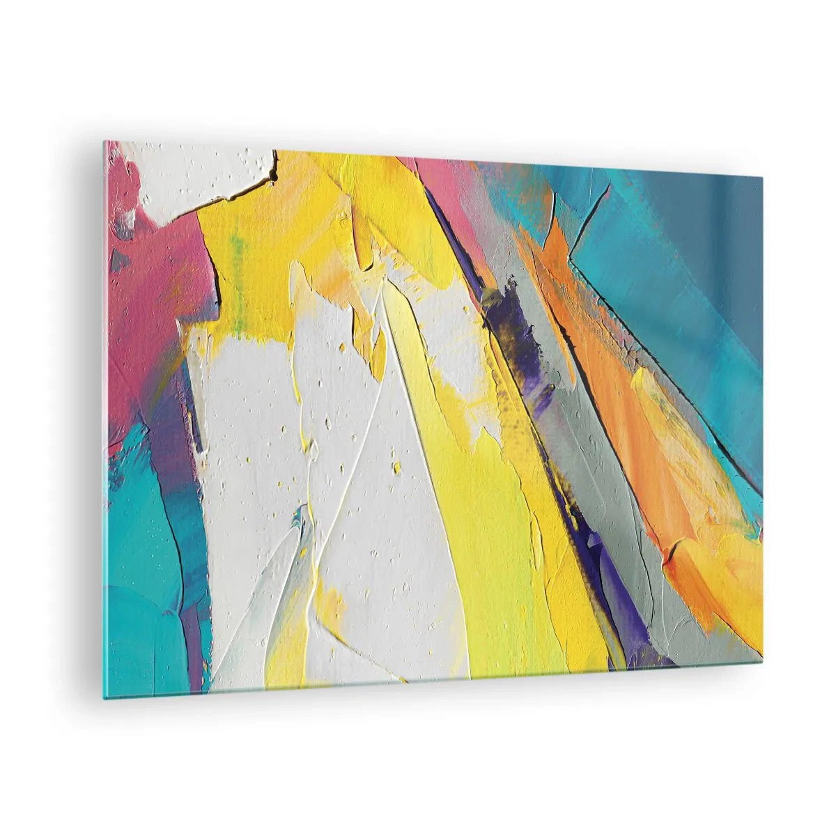 Billede på glas - Abstrakte penselstrøg i gul, blå og hvid - 70x50cm - Lysets anatomi - Moderne vægdekoration til stue og soveværelse ARTTOR
