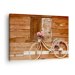 Lærredstryk - Billede på lærred - En cykel med en kurv fuld af roser mod en trævæg - 70x50cm - Jeg vender tilbage om lidt - Moderne vægdekoration til stue og soveværelse ARTTOR