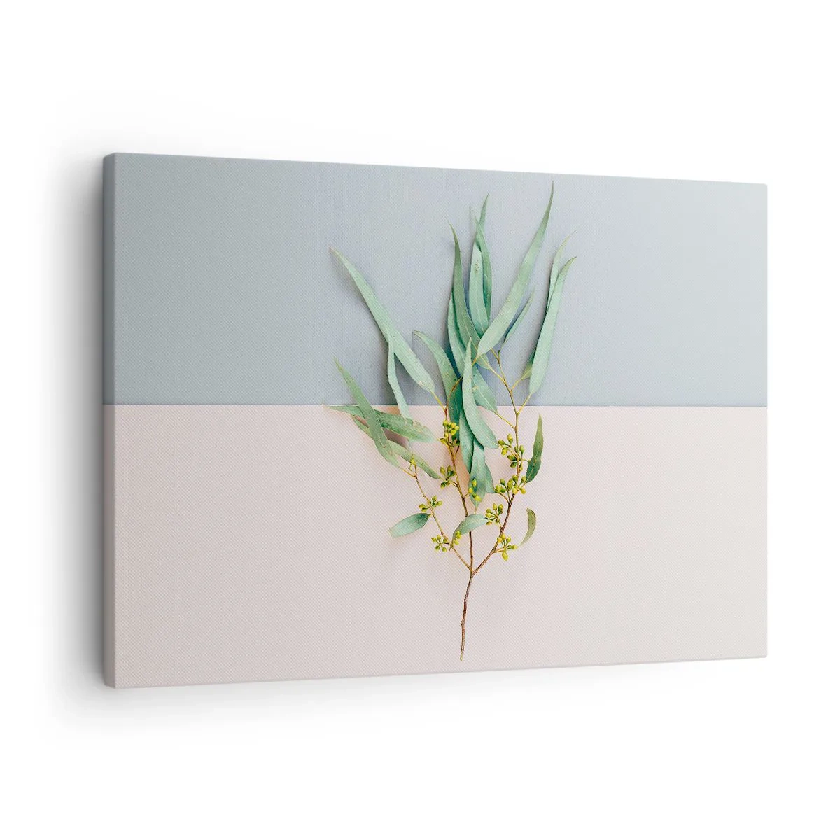 Lærredstryk - Billede på lærred - En gren med blade på en baggrund af pastelfarver - 70x50cm - Pastelfarvernes subtilitet - Moderne vægdekoration til stue og soveværelse ARTTOR