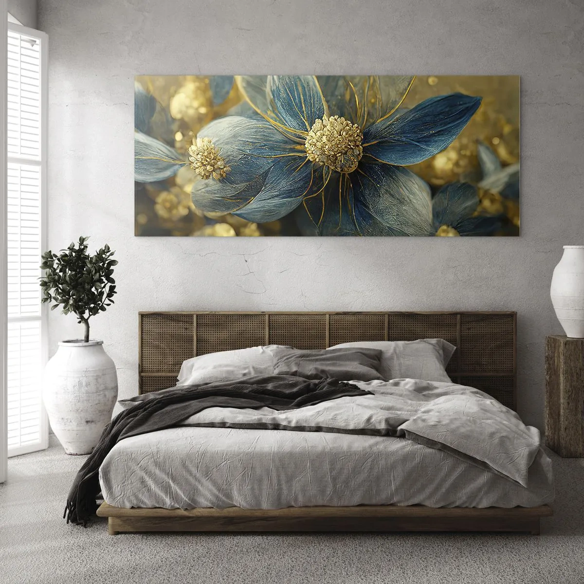 Billede på glas - Blomstre med guld - 100x40 cm