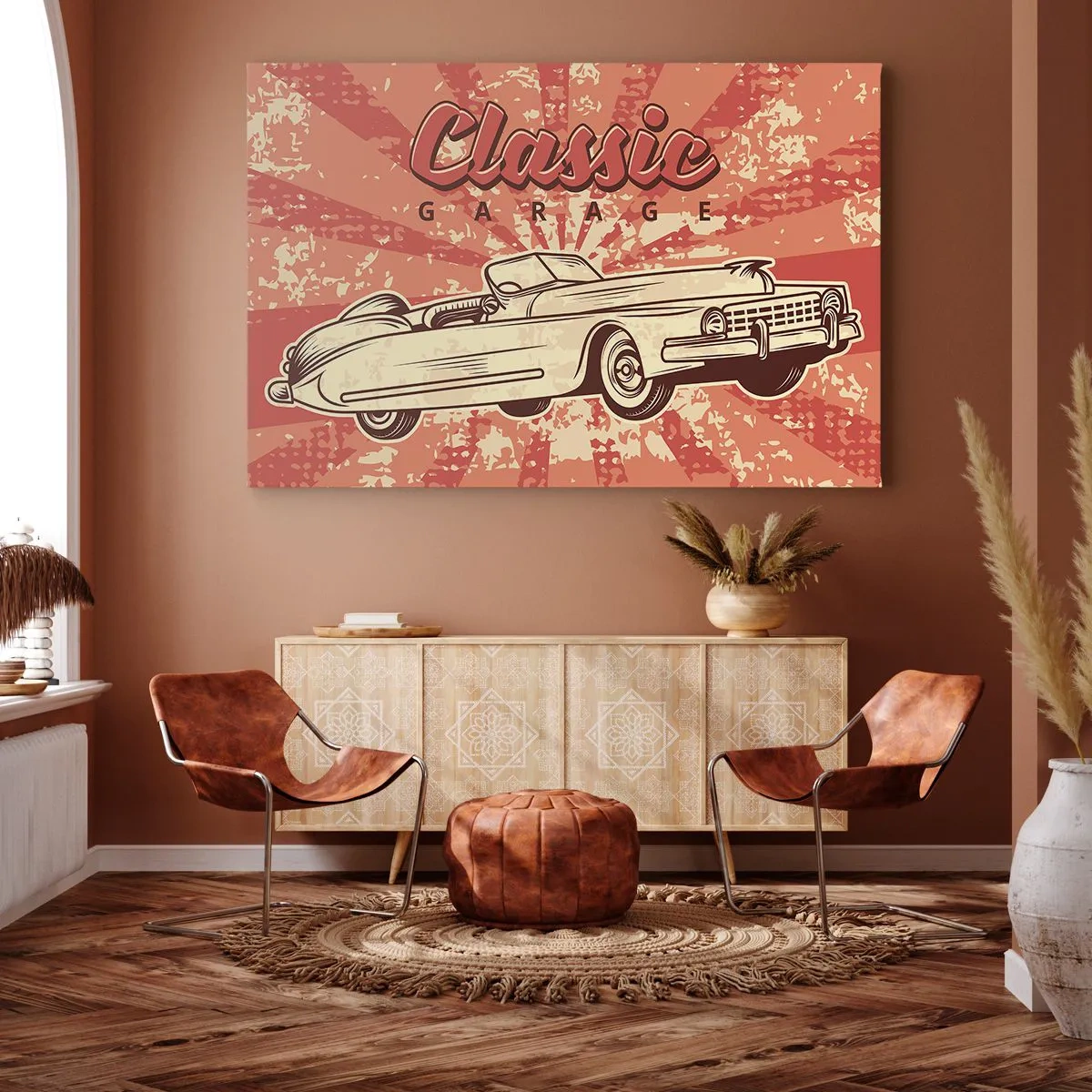 Lærredstryk - Billede på lærred - Retro plakat med en klassisk bil og ordene Classic Garage - 70x50cm - Og i radioen Elvis - Moderne vægdekoration til stue og soveværelse ARTTOR