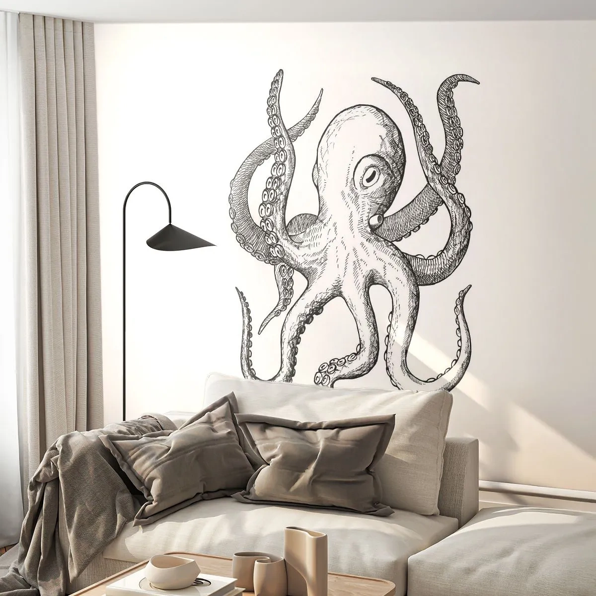 Fototapet Standard Eco - Dans med bølger - Blæksprutte, Tegning, Ved havet - 350x256 cm