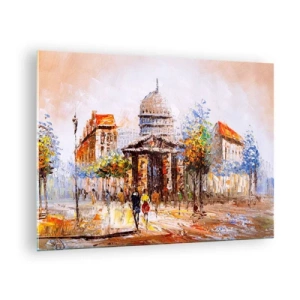 Billede på glas - En malerisk bygade med en historisk bygning i baggrunden - 70x50cm - En parisisk spadseretur - Moderne vægdekoration til stue og soveværelse ARTTOR