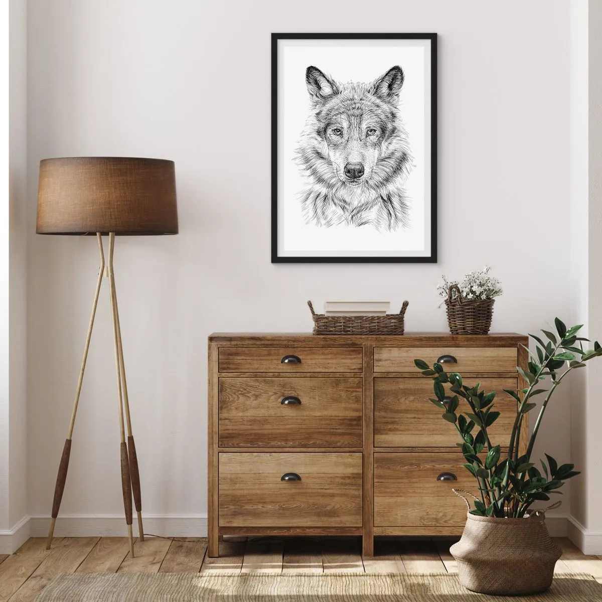 Plakat i sort ramme - Detaljeret tegning af en ulv i sort-hvid stil - 50x70cm - En født leder - Moderne vægdekoration til stue og soveværelse ARTTOR