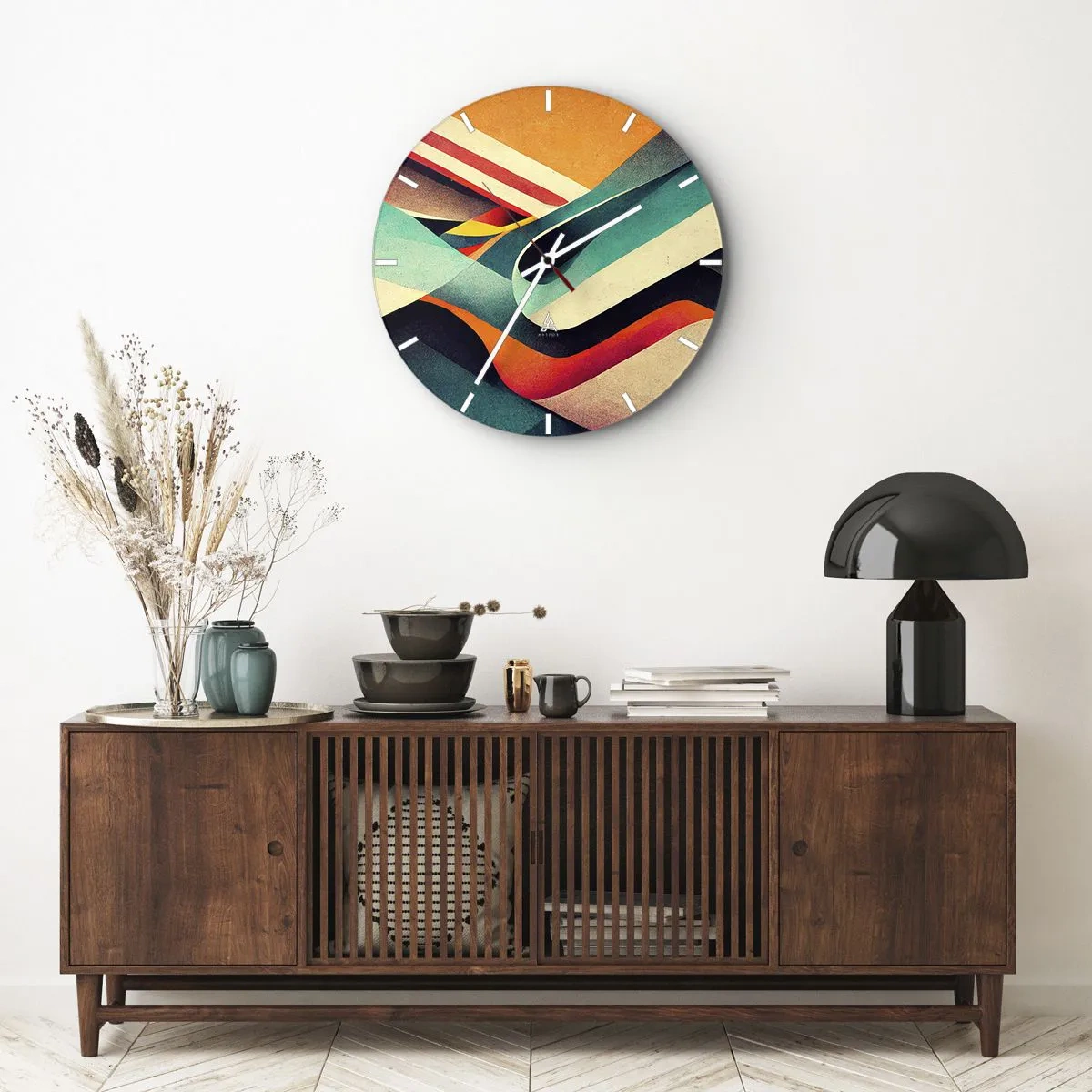 Vægur, Uret - Farverige bølger og striber i en abstrakt geometrisk form - 30x30cm - Intens komposition - Moderne vægdekoration til stue, køkken og soveværelse ARTTOR