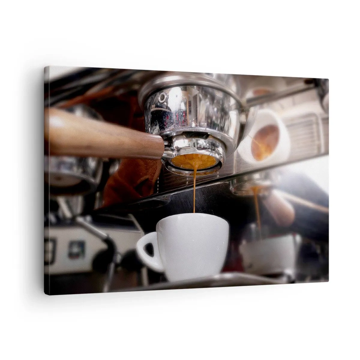 Lærredstryk - Billede på lærred - Nærbillede af en kaffemaskine, der tilbereder et frisk shot espresso - 70x50cm - Et godt øjeblik på dagen - Moderne vægdekoration til stue og soveværelse ARTTOR