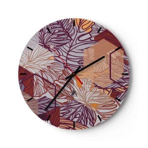 Vægur, Uret - Abstrakte blade i lilla, orange og beige nuancer - 30x30cm - Umuligt forhold mellem geometri og natur - Moderne vægdekoration til stue, køkken og soveværelse ARTTOR