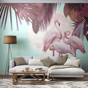 Fototapet Selvklæbende Deluxe Sticker - Tre fugles ynde - Flamingoer, Fugle, Natur - 200x140 cm