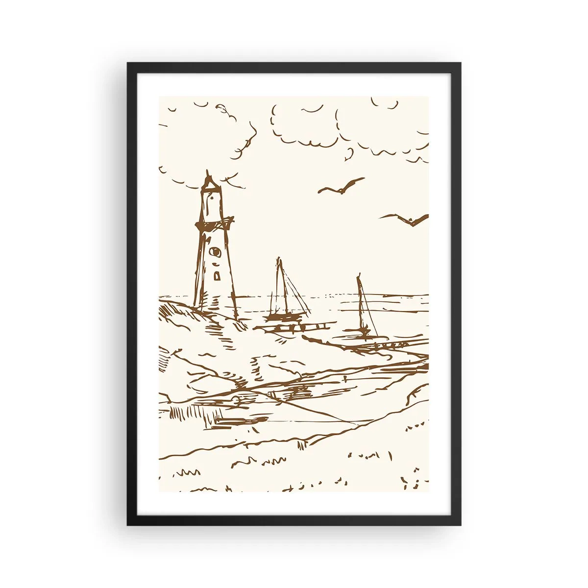Plakat i sort ramme - Fyrtårn med både og fugle - 50x70cm - Oversigt over sommerminder - Moderne vægdekoration til stue og soveværelse ARTTOR