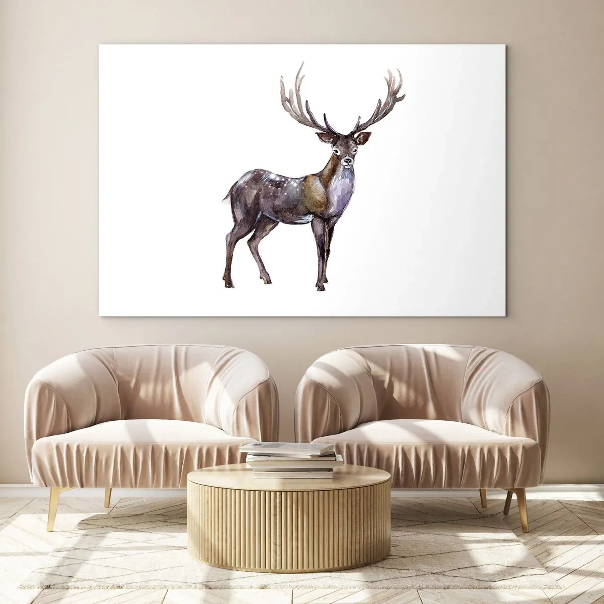 Billede på glas - Elegant akvarel hjort - 70x50cm - Kongen af den nordlige ødemark - Moderne vægdekoration til stue og soveværelse ARTTOR