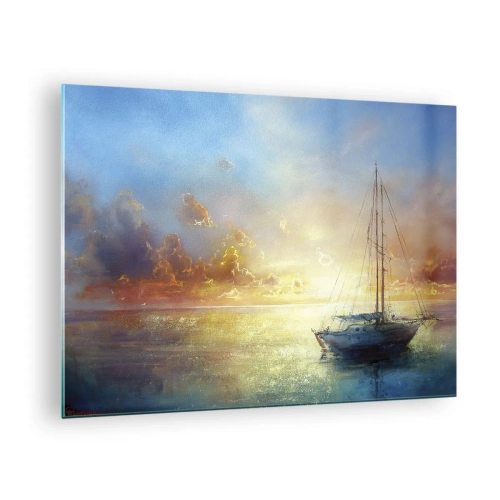 Billede på glas - En sejlbåd på et roligt hav ved en gylden solnedgang - 70x50cm - I en gylden bugt - Moderne vægdekoration til stue og soveværelse ARTTOR