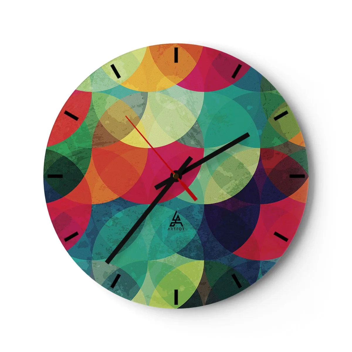 Vægur, Uret - Flerfarvede cirkler, der overlapper hinanden i en geometrisk komposition - 30x30cm - Ind i regnbuens opstigning - Moderne vægdekoration til stue, køkken og soveværelse ARTTOR