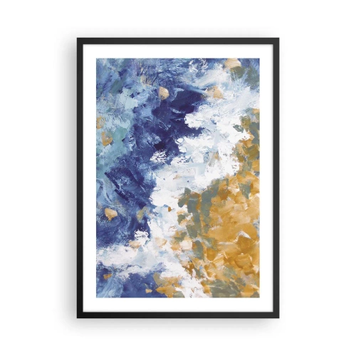 Plakat i sort ramme - En abstrakt komposition i nuancer af blå, hvid og guld. - 50x70cm - Elementernes dans - Moderne vægdekoration til stue og soveværelse ARTTOR