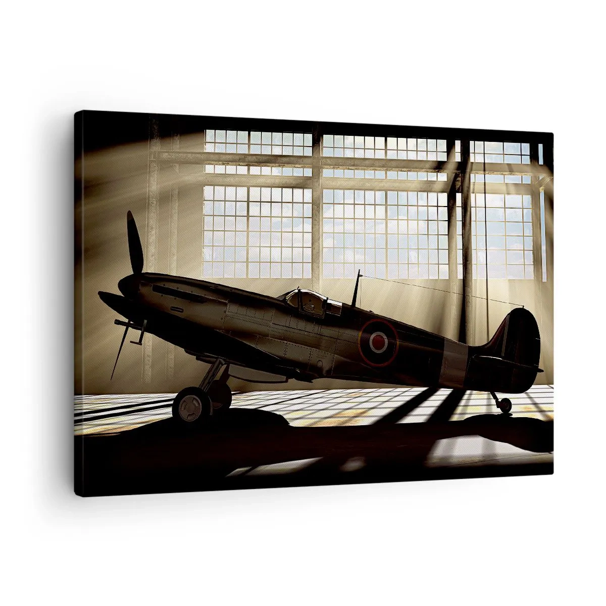 Lærredstryk - Billede på lærred - Et historisk fly i en hangar oplyst af sollys - 70x50cm - Resten af krigeren - Moderne vægdekoration til stue og soveværelse ARTTOR
