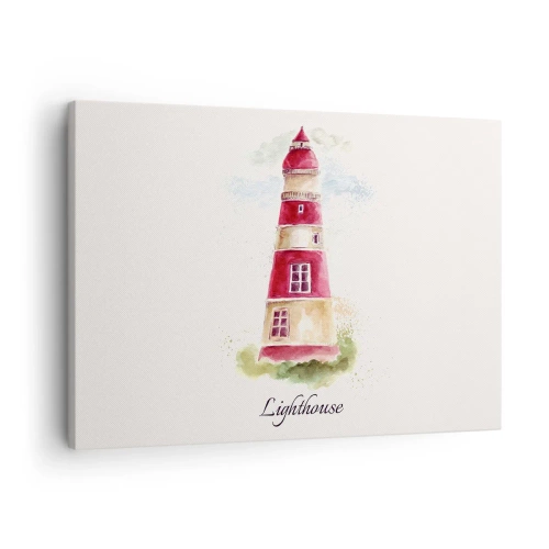 Lærredstryk - Billede på lærred - Et akvarelmaleri af et fyrtårn på en lys baggrund med en indskrift - 70x50cm - Altid vejret omkring - Moderne vægdekoration til stue og soveværelse ARTTOR