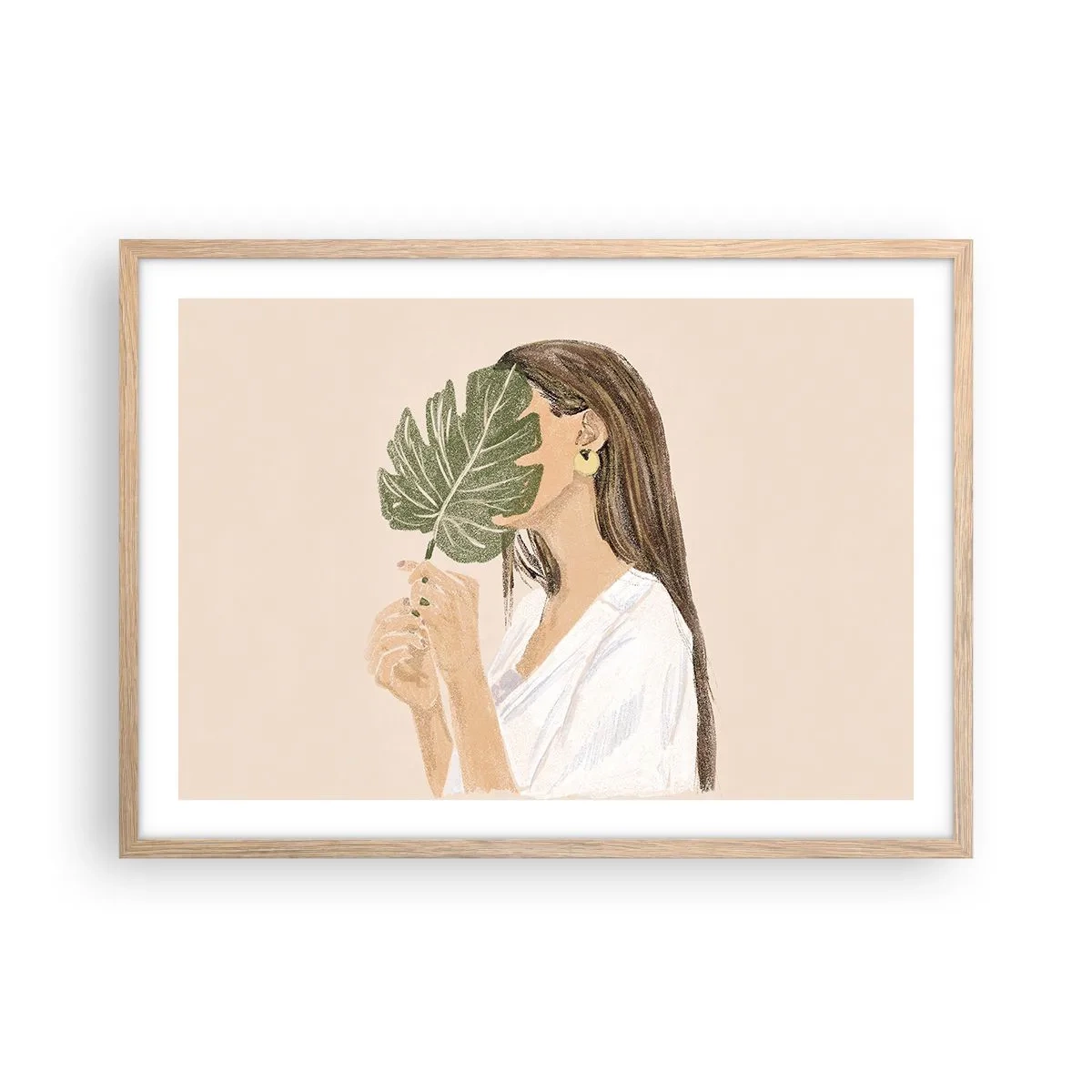 Plakat i ramme af lyst egetræ - Mystisk portræt med en vifte - 70x50 cm
