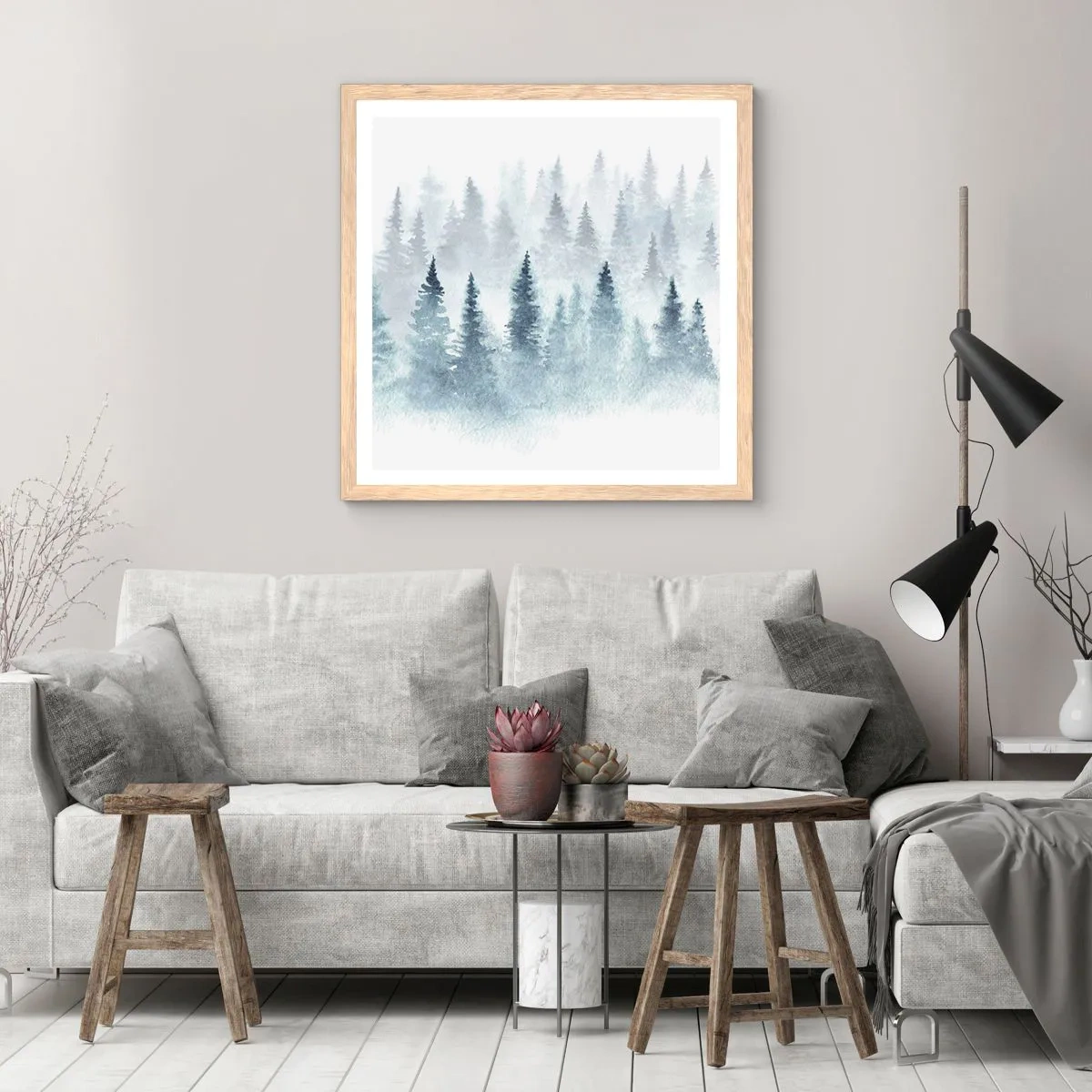 Plakat i ramme af lyst egetræ - Indhyllet i tåge - 50x50 cm