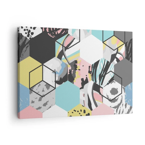 Lærredstryk - Billede på lærred - Geometrisk sekskantmønster med farverige abstrakte detaljer - 70x50cm - Sekskanter og terninger i seks farver - Moderne vægdekoration til stue og soveværelse ARTTOR