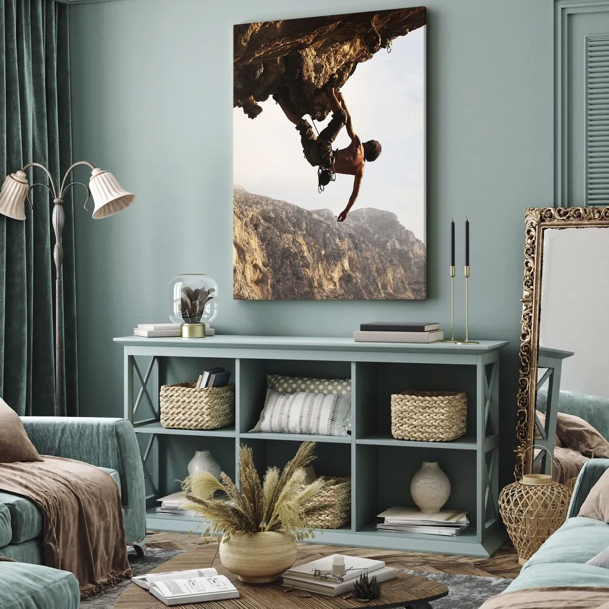 Lærredstryk - Billede på lærred - Verden skrumpede ind i en håndfuld på en klippeskrænt - 45x80 cm