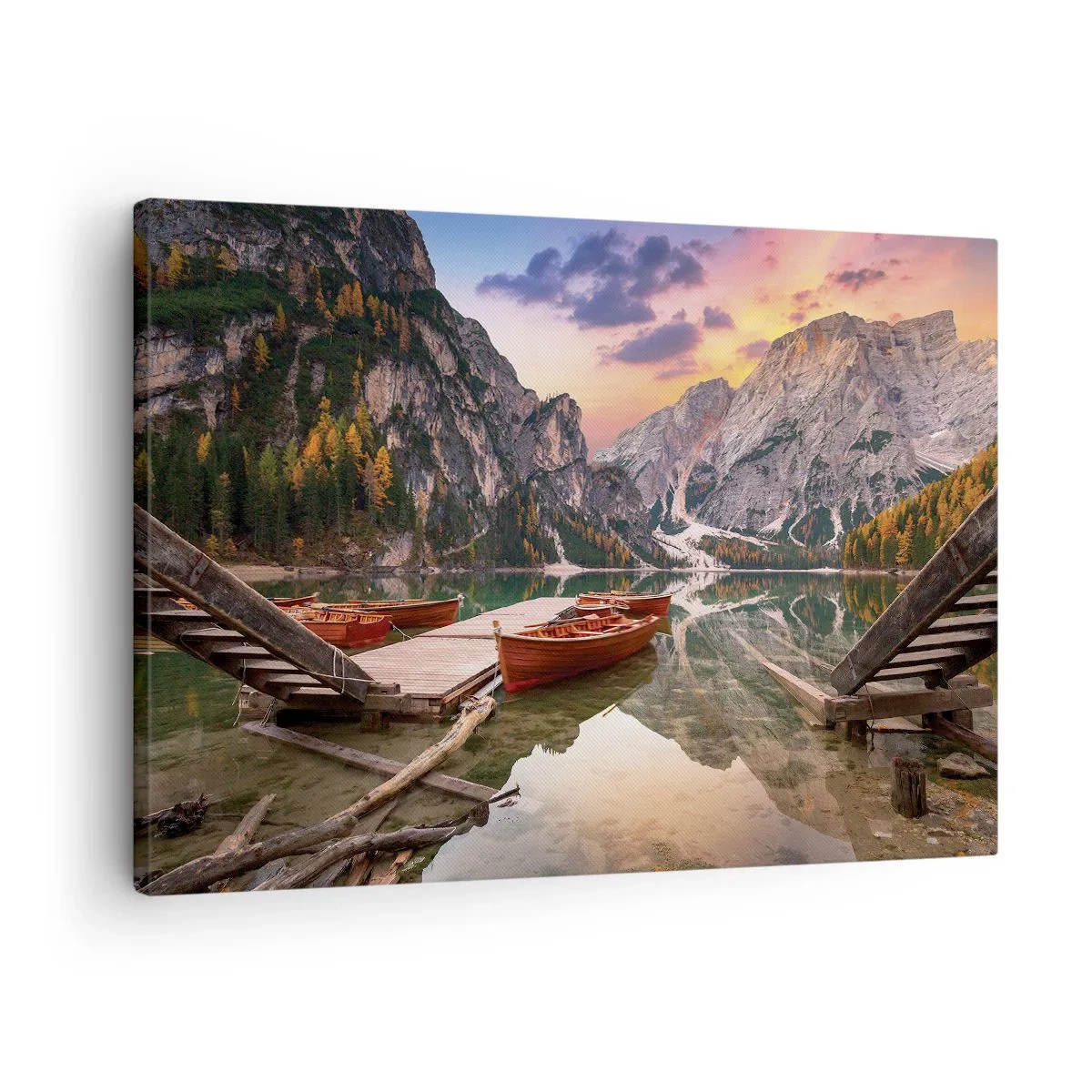 Lærredstryk - Billede på lærred - Bjergsø med både ved solnedgang - 70x50cm - Dagens løfte - Moderne vægdekoration til stue og soveværelse ARTTOR
