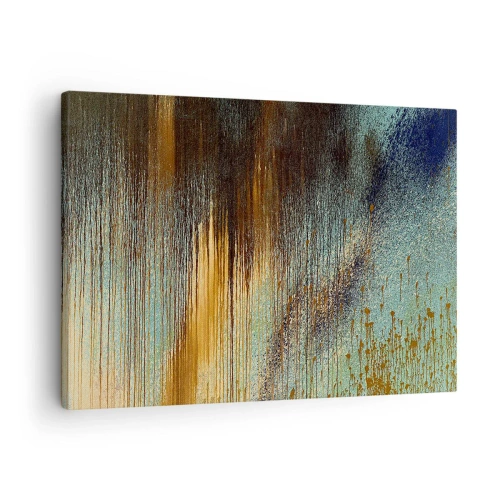 Lærredstryk - Billede på lærred - En abstrakt komposition af farver i nuancer af guld, brun og blå. - 70x50cm - En utilsigtet farverig komposition - Moderne vægdekoration til stue og soveværelse ARTTOR