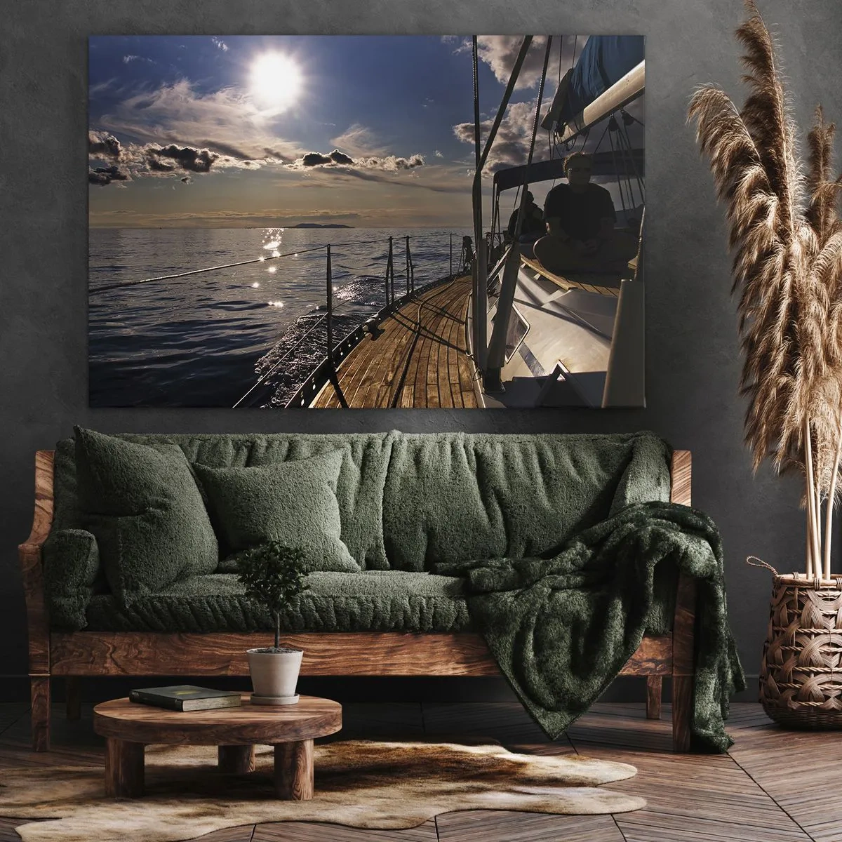 Lærredstryk - Billede på lærred - En yacht-cruise på havet ved solnedgang - 70x50cm - Under sejl mod solen - Moderne vægdekoration til stue og soveværelse ARTTOR