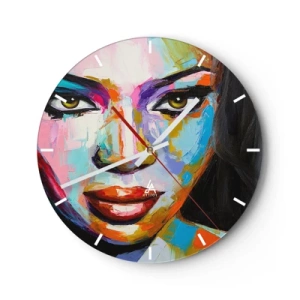 Vægur, Uret - Et farverigt portræt af en kvinde i intense farver - 30x30cm - Du kan ikke tage dine øjne fra - Moderne vægdekoration til stue, køkken og soveværelse ARTTOR