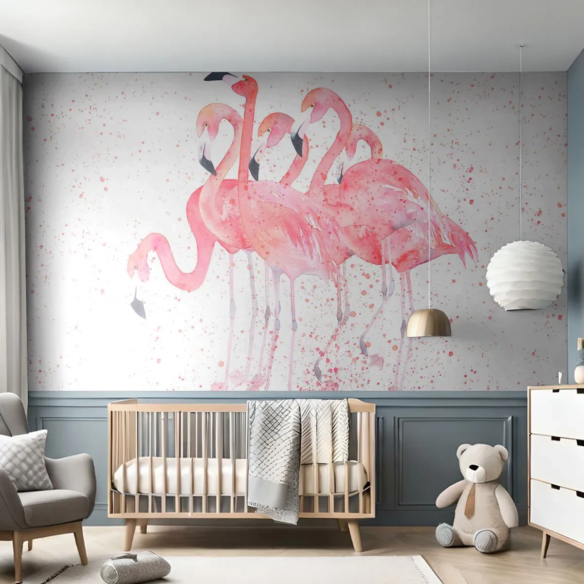 Fototapet Premium Canvas - Lyserød ansambl - Flamingoer, Fugle, Grafik - 200x140 cm