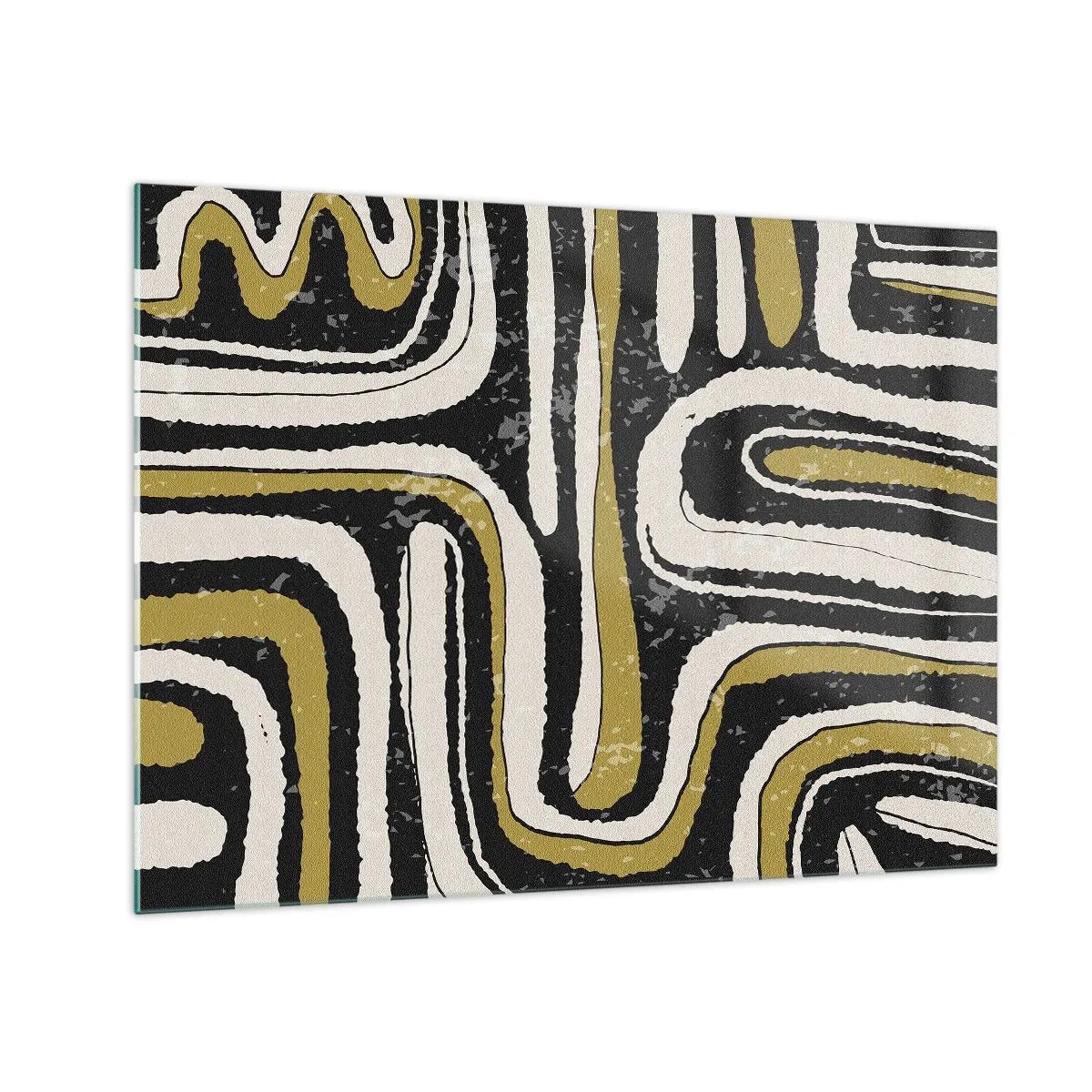 Billede på glas - Abstrakte mønstre i sort, hvid og guld - 70x50cm - Komposition: stier og gyder - Moderne vægdekoration til stue og soveværelse ARTTOR