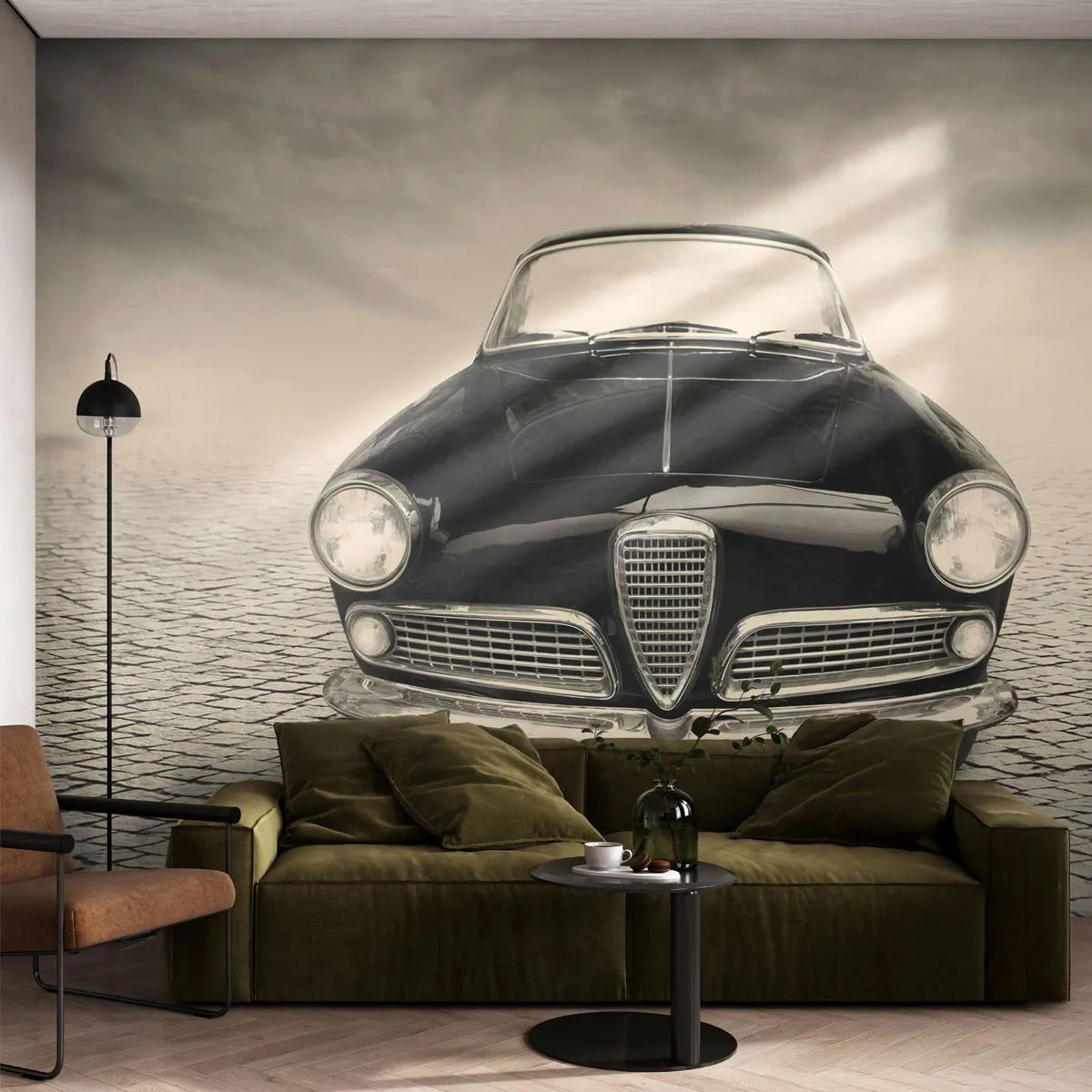 Fototapet Premium Canvas - Og hvordan kan man ikke elske mig? - Bil, Årgang, Sort og hvid - 250x175 cm