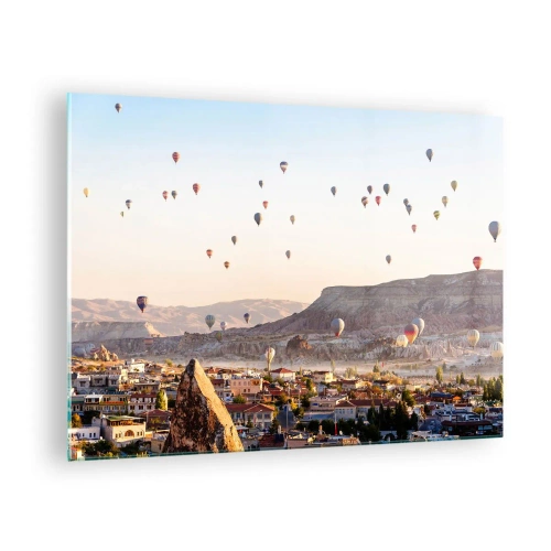 Billede på glas - Ballonflyvning over Kappadokien i morgenlys - 70x50cm - Som skibe på himlen - Moderne vægdekoration til stue og soveværelse ARTTOR
