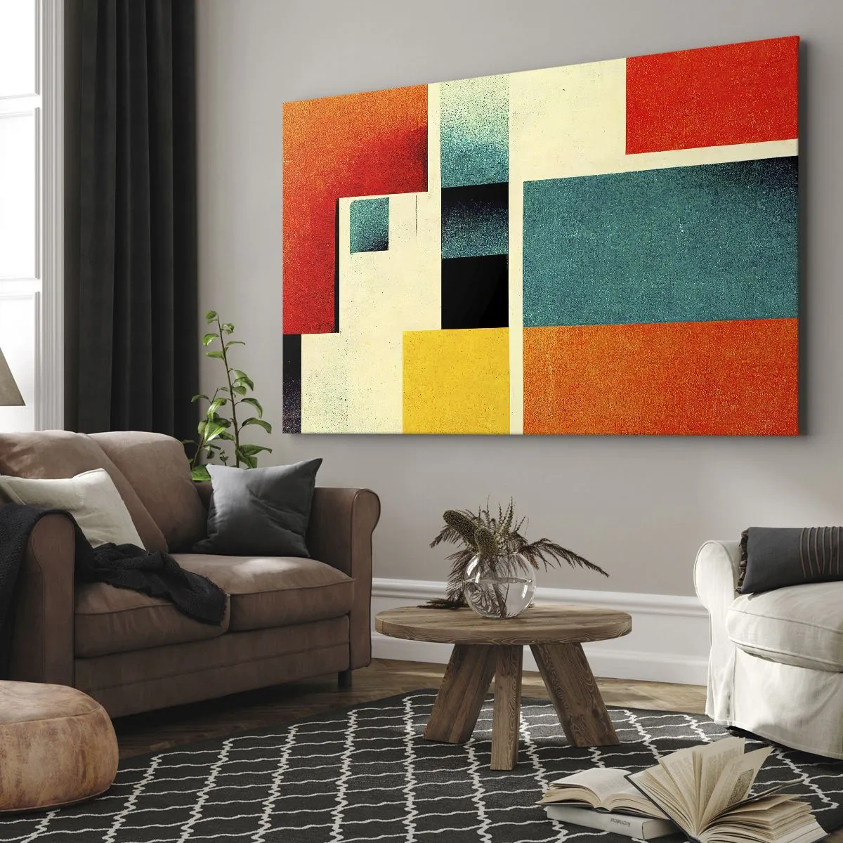 Lærredstryk - Billede på lærred - Geometrisk abstraktion med farvede rektangler og firkanter - 70x50cm - Geometrisk abstraktion - god energi - Moderne vægdekoration til stue og soveværelse ARTTOR