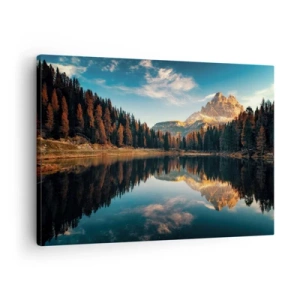 Lærredstryk - Billede på lærred - Bjerglandskab med sø og skov - 70x50cm - Dobbelt landskab - Moderne vægdekoration til stue og soveværelse ARTTOR