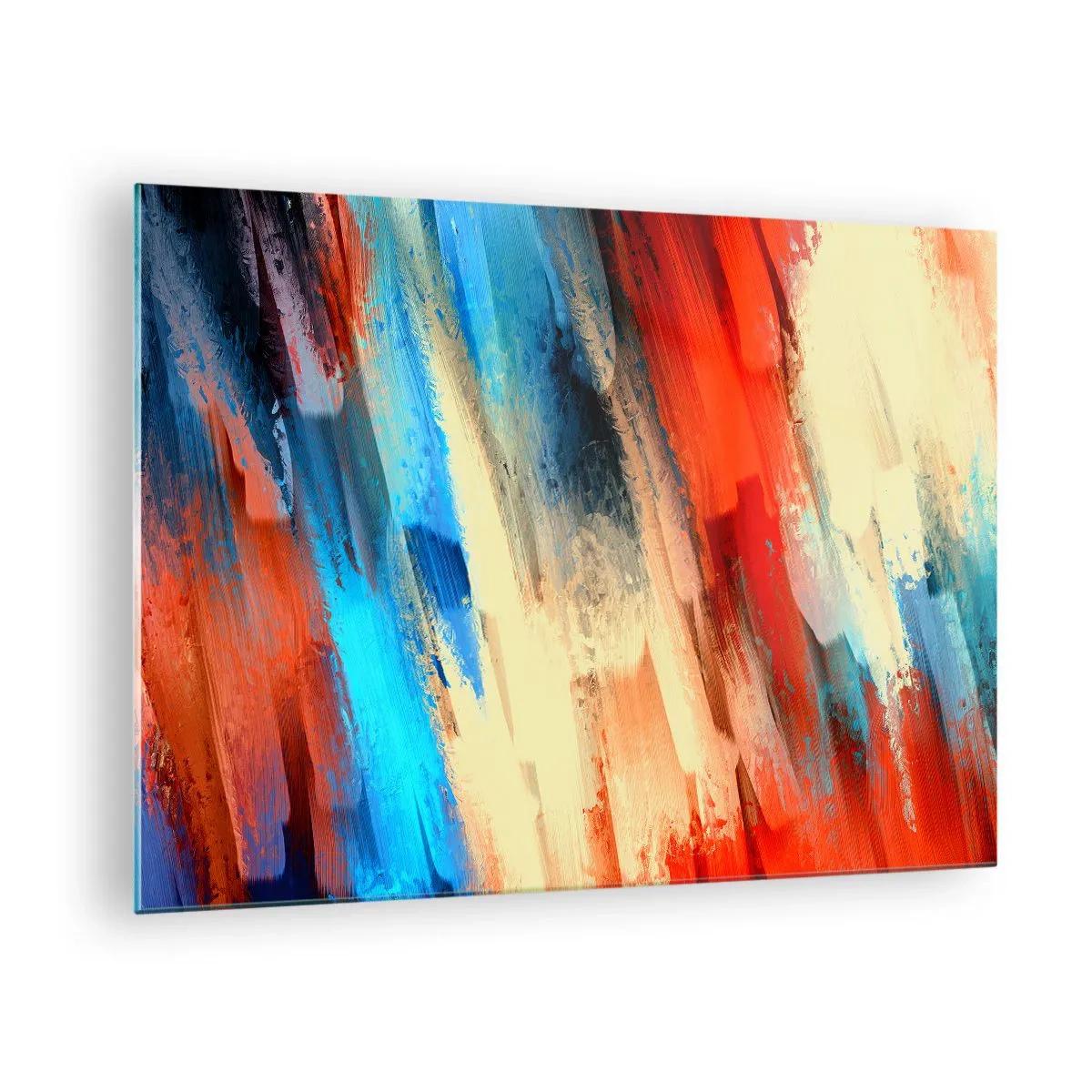 Billede på glas - Abstrakte penselstrøg i nuancer af blå, rød og beige - 70x50cm - En kaskade af farver - Moderne vægdekoration til stue og soveværelse ARTTOR