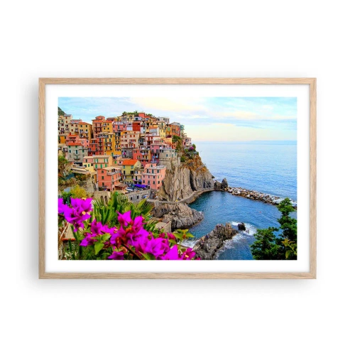 Plakat i ramme af lyst egetræ - En grinende by - 70x50 cm