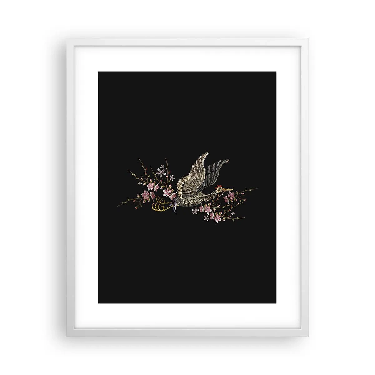 Plakat i hvid ramme - Eksotisk broderet fugl - 40x50 cm