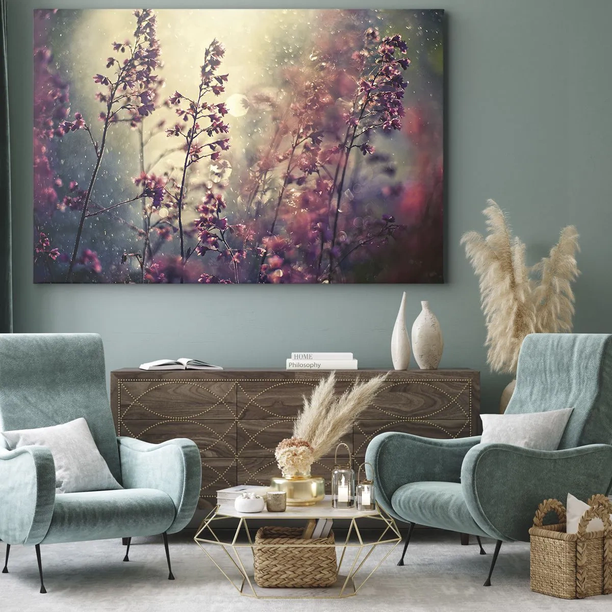 Lærredstryk - Billede på lærred - Blomster i sollys mod naturens baggrund - 70x50cm - Hemmelig have - Moderne vægdekoration til stue og soveværelse ARTTOR