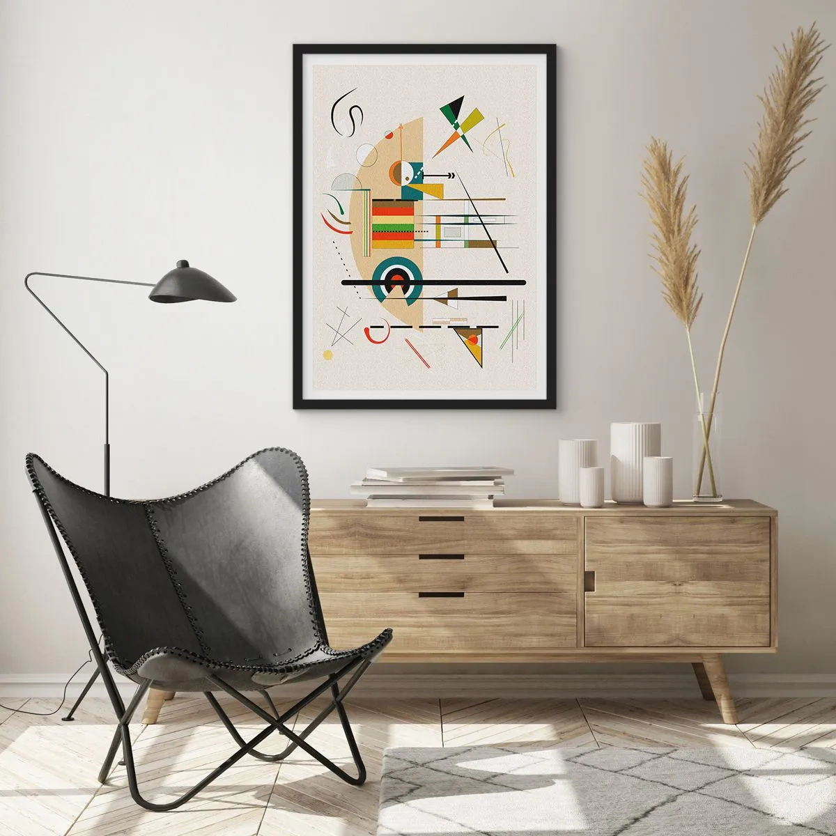 Plakat i sort ramme - Abstrakt geometrisk komposition - 50x70cm - Og verden griner - Moderne vægdekoration til stue og soveværelse ARTTOR