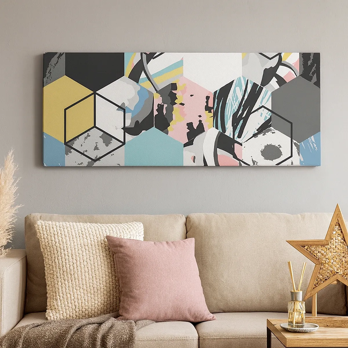 Lærredstryk - Billede på lærred - Sekskanter og terninger i seks farver - 30x30 cm