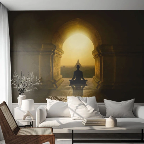 Fototapet Standard Eco - Silhuet af en mediterende person i lyset af den opgående sol - 100x70cm - Fuldkommen harmoni - Moderne vægdekoration til stue og soveværelse ARTTOR
