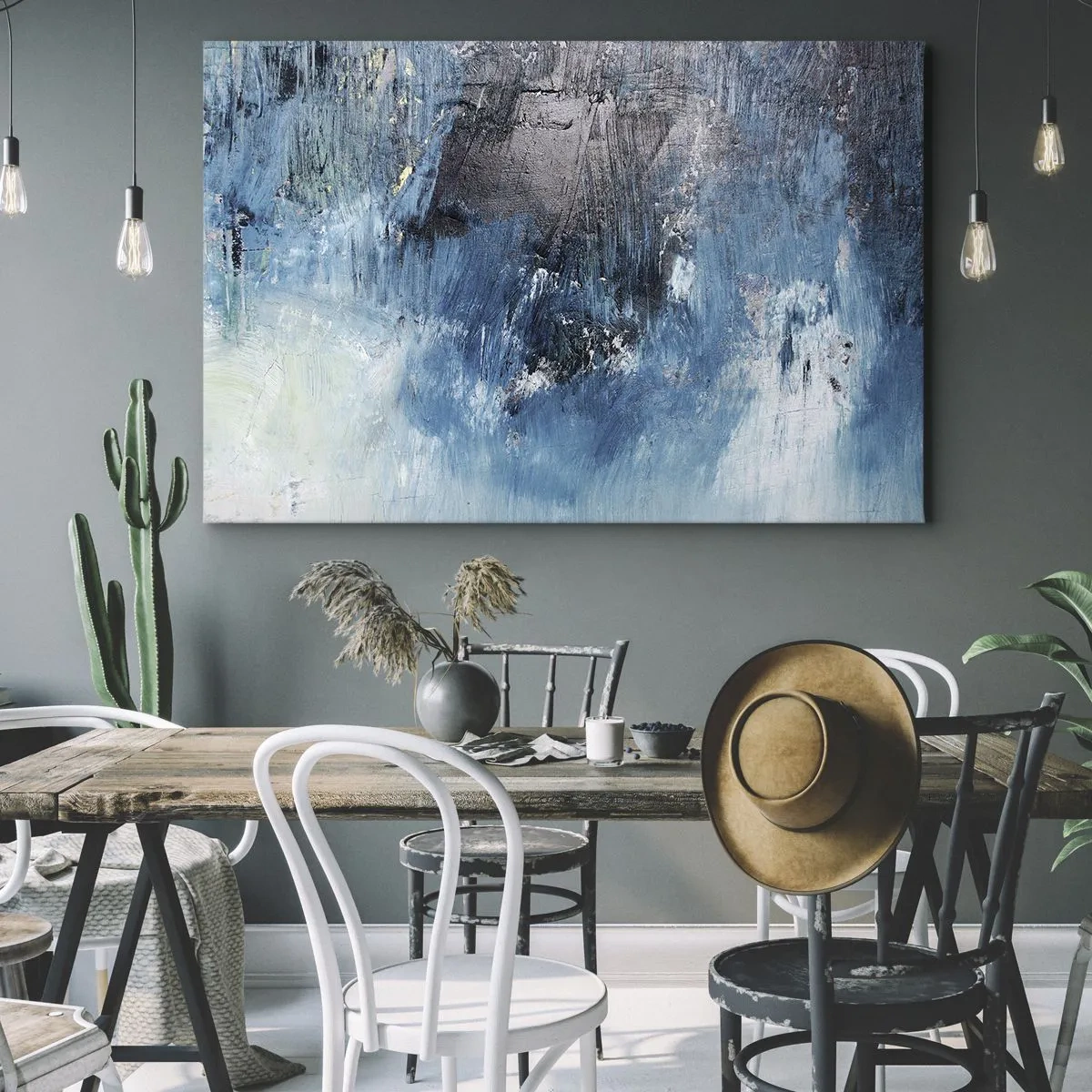 Lærredstryk - Billede på lærred - Abstrakte penselstrøg i blå nuancer - 70x50cm - Blå rapsodi - Moderne vægdekoration til stue og soveværelse ARTTOR