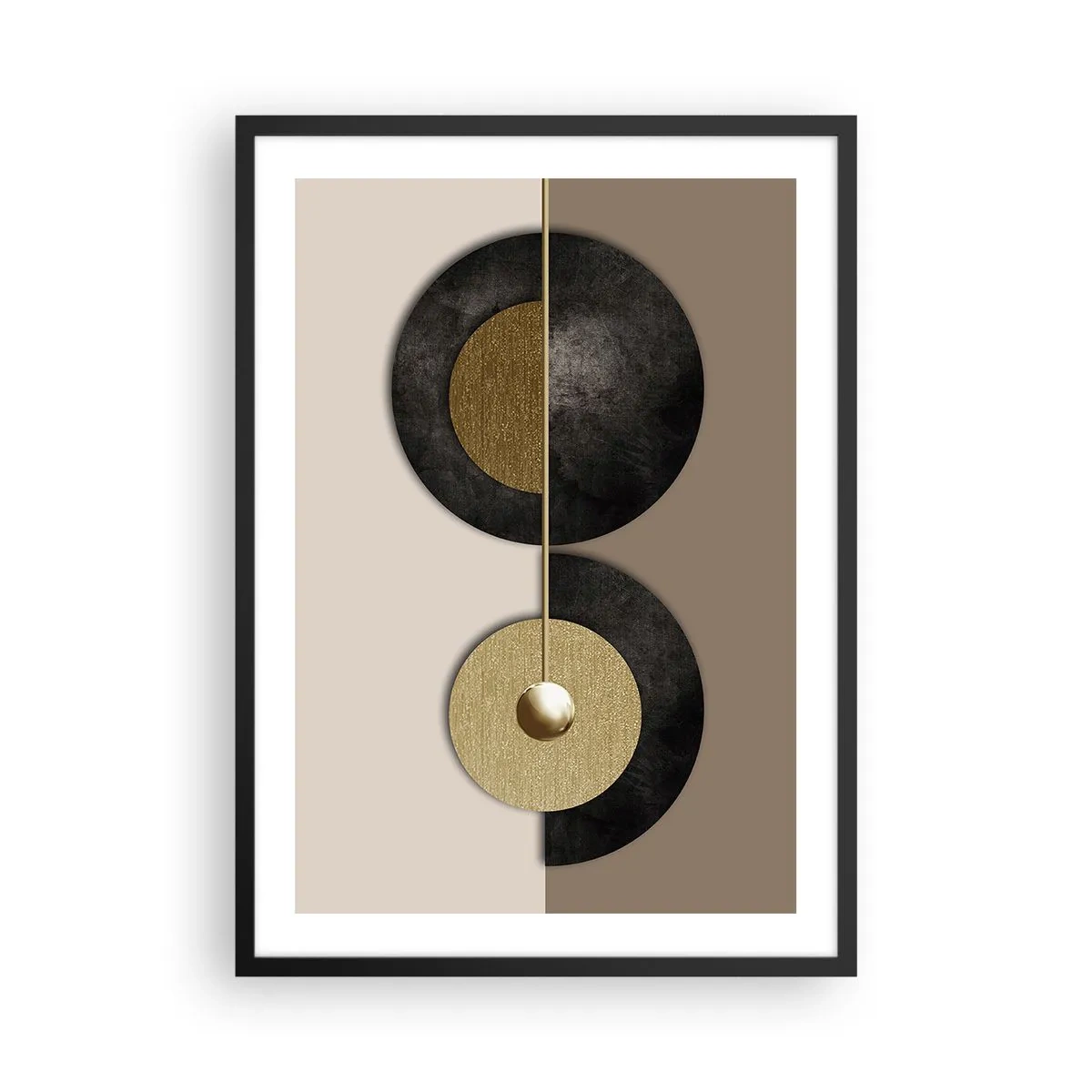 Plakat i sort ramme - Moderne abstraktion med geometriske gulddetaljer - 50x70cm - Variationer omkring en cirkel - Moderne vægdekoration til stue og soveværelse ARTTOR
