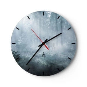 Vægur, Uret - En hjort står i tågen midt i en høj skovlund - 30x30cm - Morgenvandring rundt på godset - Moderne vægdekoration til stue, køkken og soveværelse ARTTOR