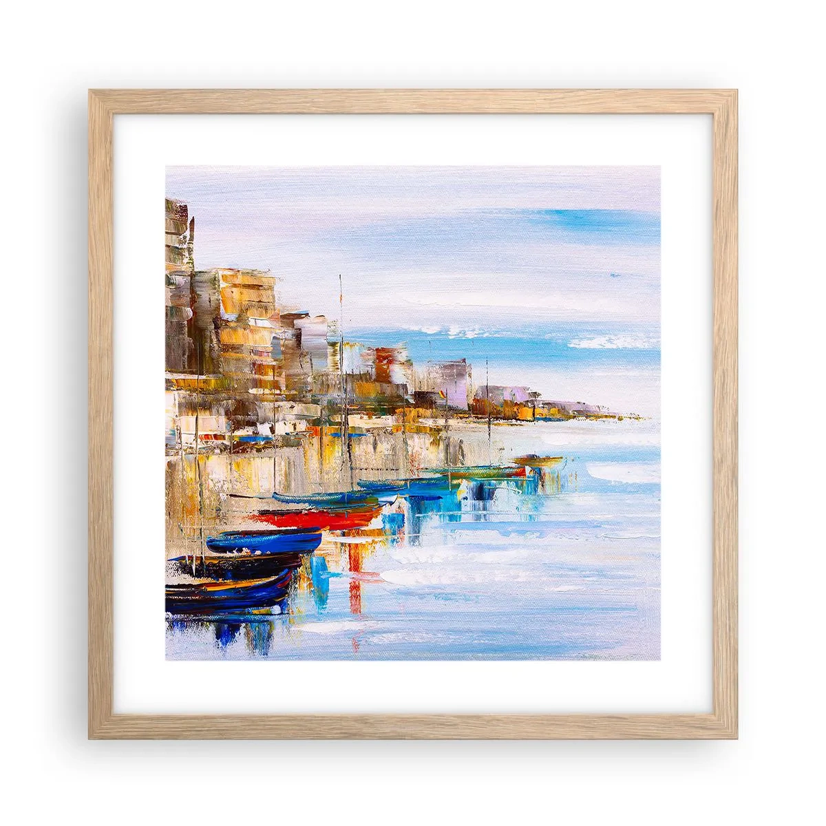 Plakat i ramme af lyst egetræ - Flerfarvet urban havn - 40x40 cm
