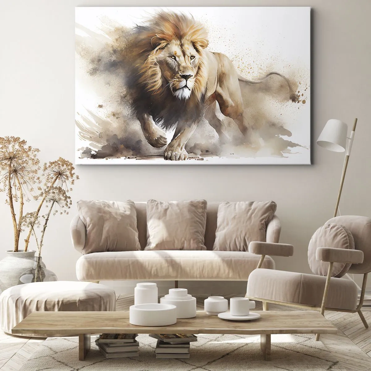 Lærredstryk - Billede på lærred - Et dynamisk portræt af en løve i naturlige farver. - 70x50cm - Kongen er taget af sted - Moderne vægdekoration til stue og soveværelse ARTTOR