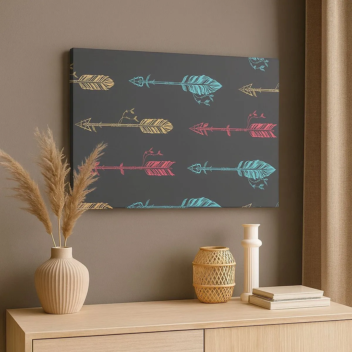 Lærredstryk - Billede på lærred - Stiliseret pilmønster i pastelfarver på en mørk baggrund - 70x50cm - For at - Moderne vægdekoration til stue og soveværelse ARTTOR