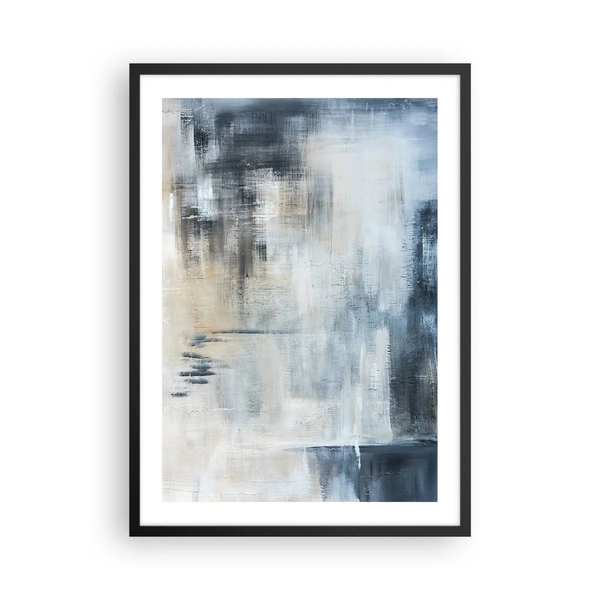 Plakat i sort ramme - Abstrakt komposition i blå og beige nuancer - 50x70cm - Bag et slør af blåt - Moderne vægdekoration til stue og soveværelse ARTTOR