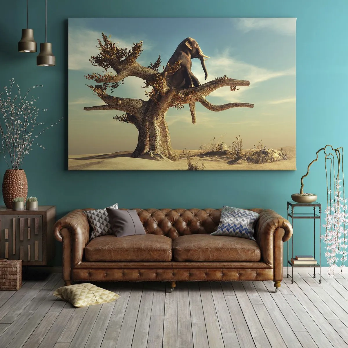 Lærredstryk - Billede på lærred - En elefant sidder på et træ i et surrealistisk landskab - 70x50cm - Et nyt synspunkt - Moderne vægdekoration til stue og soveværelse ARTTOR